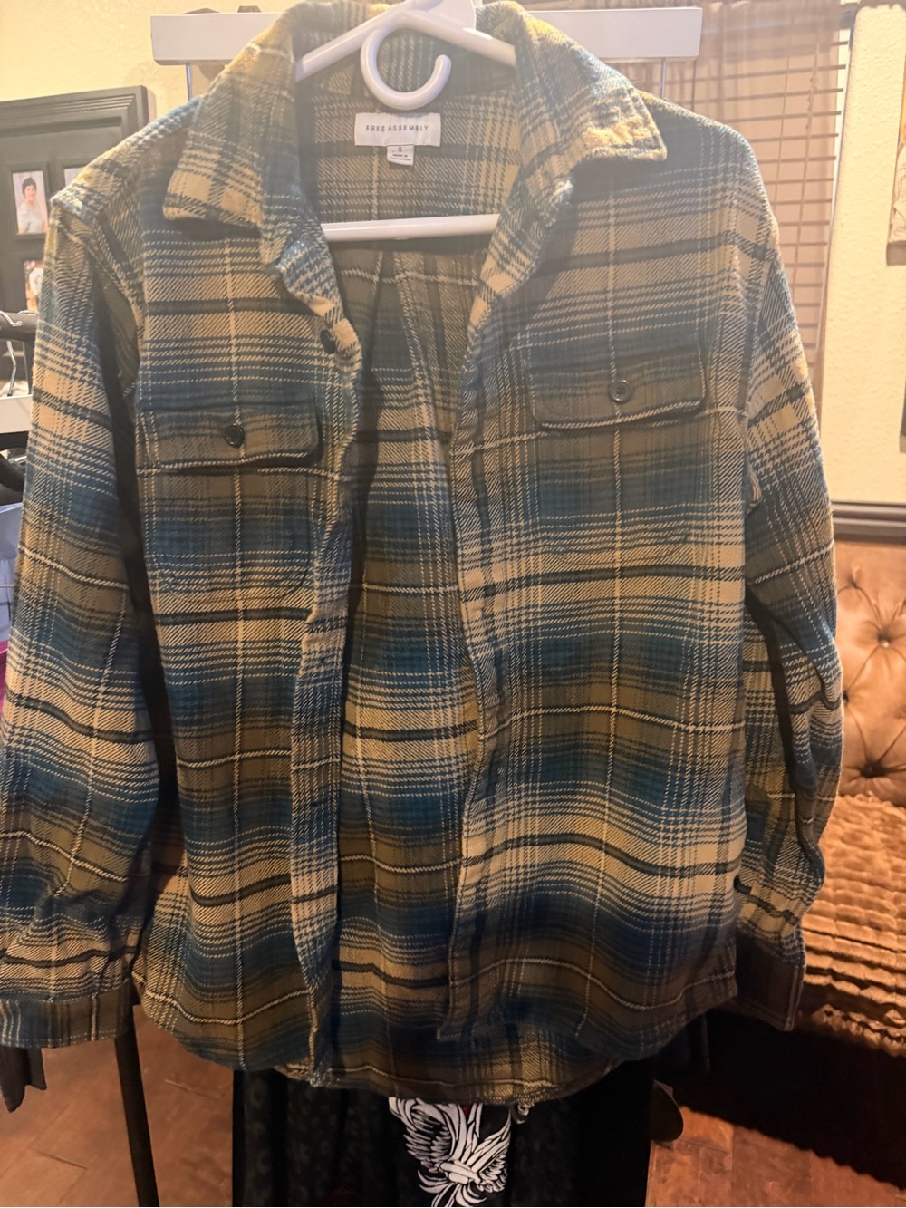 Free Assembly Men's Blue & Tan Plaid Button-Down Overshirt
